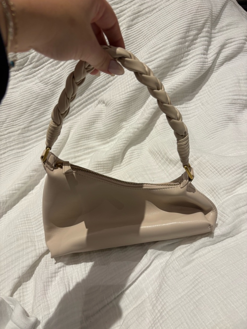 Madison West Beige Braided-Handle Shoulder Bag